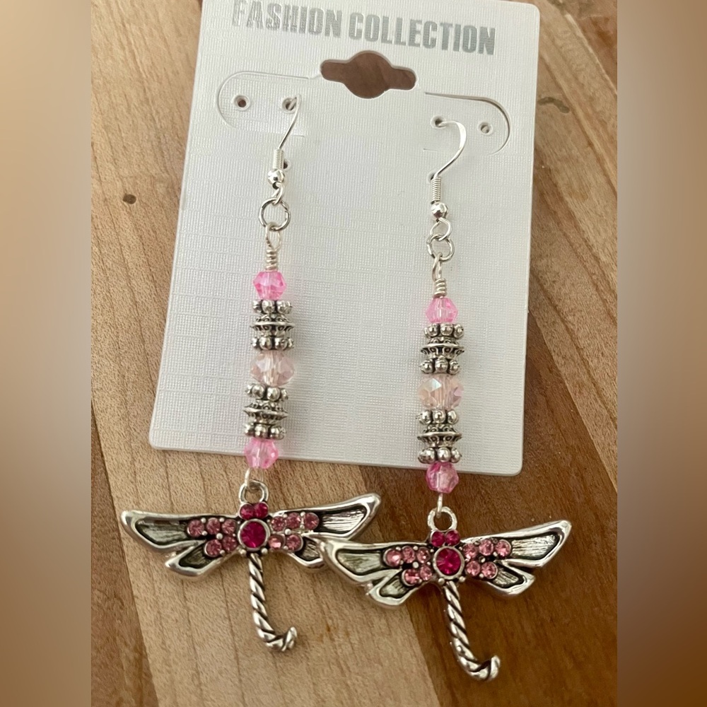 Pink and Silver Dragonfly Earrings - Picture 5 of 5
